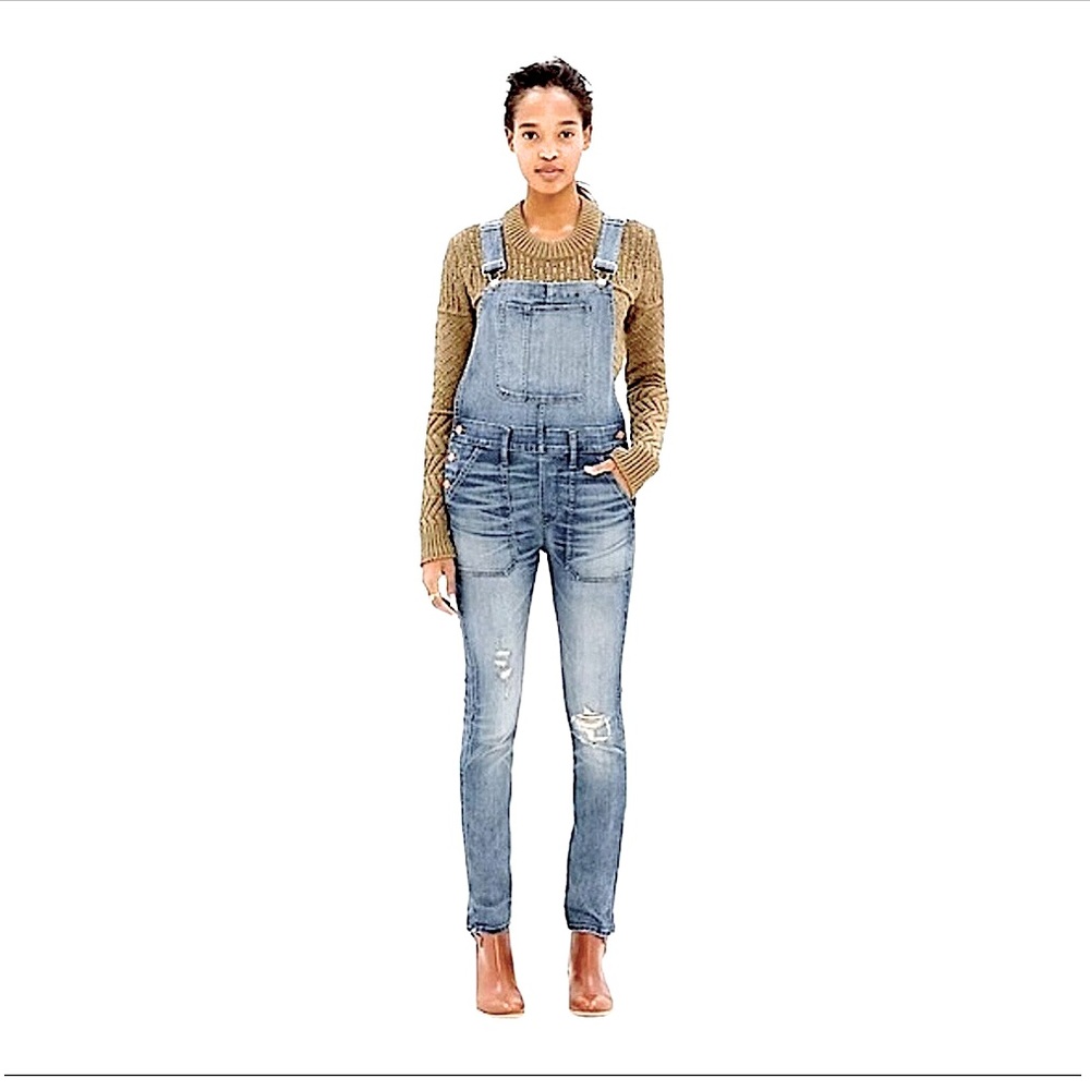 Madewell Skinny Denim Overalls in Adrain Wash Distressed Busted Knee